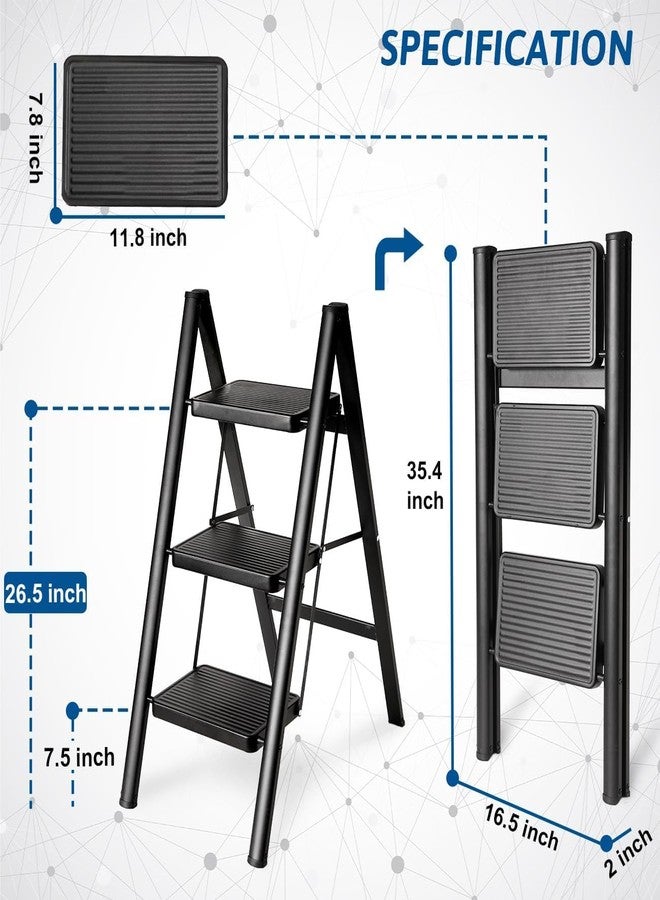 Boniry Compact 3 Step Folding Ladder with Non-Slip Steps | Lightweight & Durable Step Ladder | Perfect for Home, Kitchen, or Office Use - Black Finish - Image 2